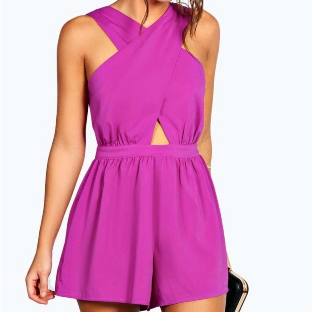 Boohoo Criss Cross Chest Fuschia Romper Small